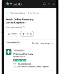 Phone showing Trustpilot screen - Best in Online Pharmacy UK