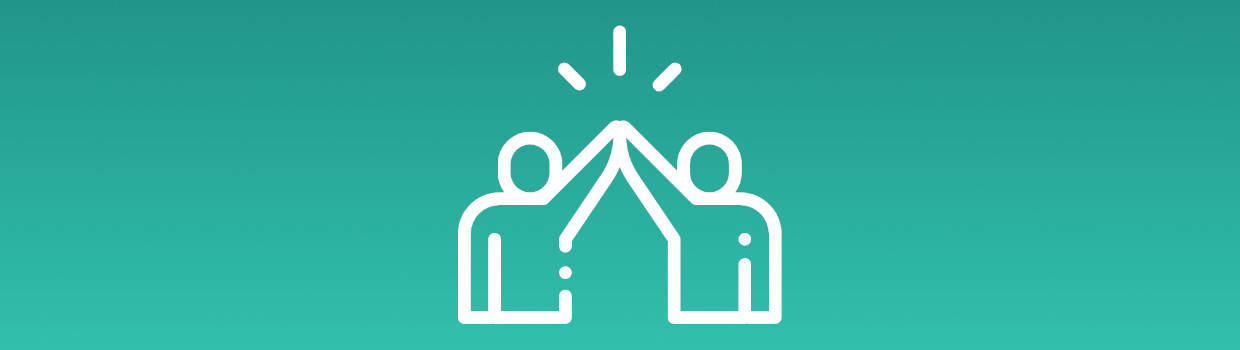 A white outline icon of two people high-fiving on a turquoise background